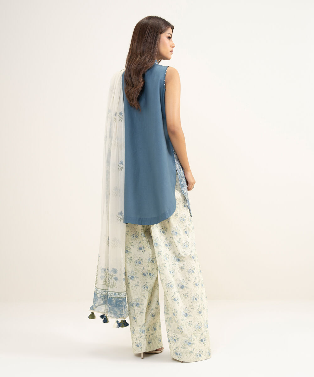 Women's Unstitched Textured Lawn Embroidered Blue 3 Piece Suit