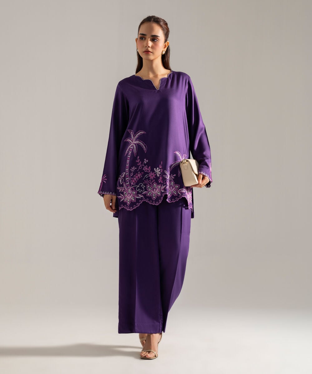 Women's RTW Solid Embroidered Purple Bedford Shirt