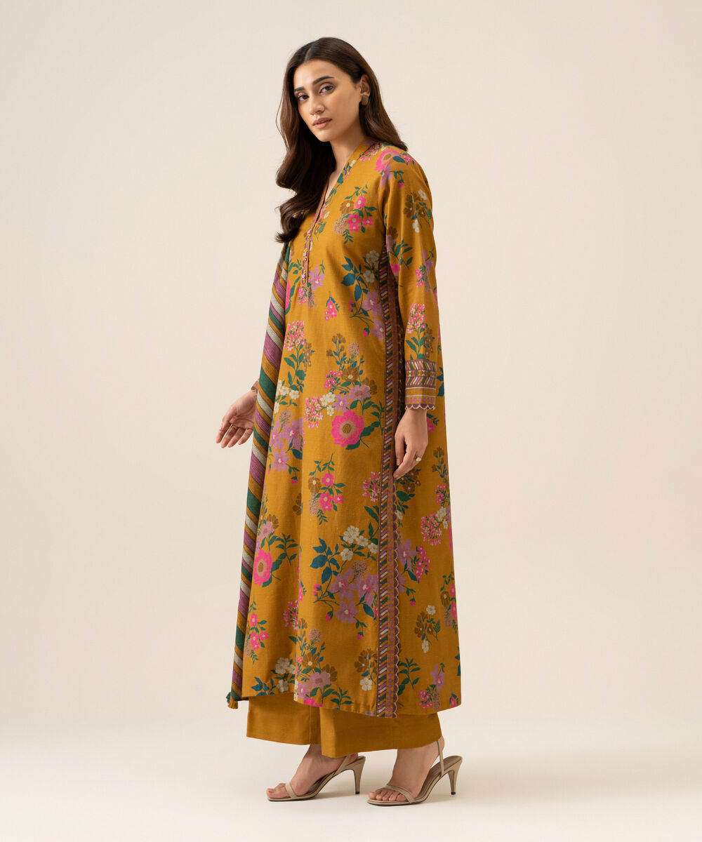 Women's Unstitched Lawn Printed Mustard 3 Piece Suit