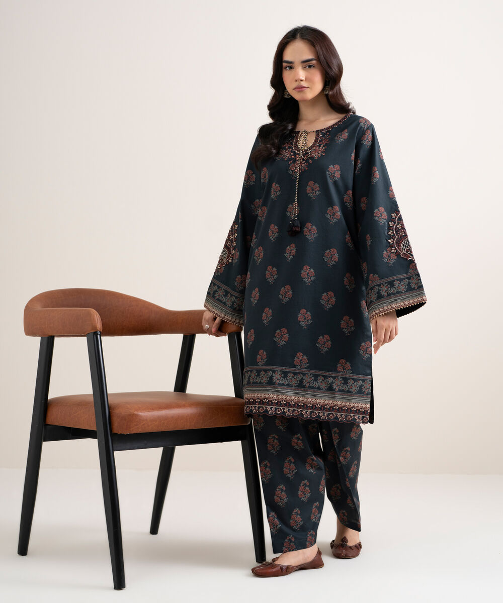 Women's Unstitched Lawn Embroidered Black 2 Piece Suit
