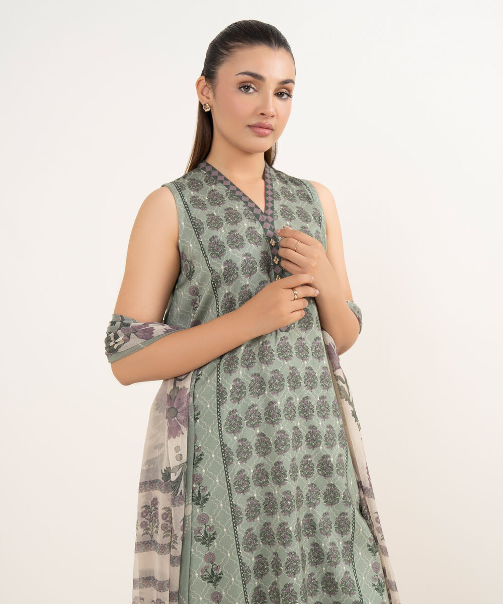 Women's Unstitched Cotton Printed Green Three Piece Suit
