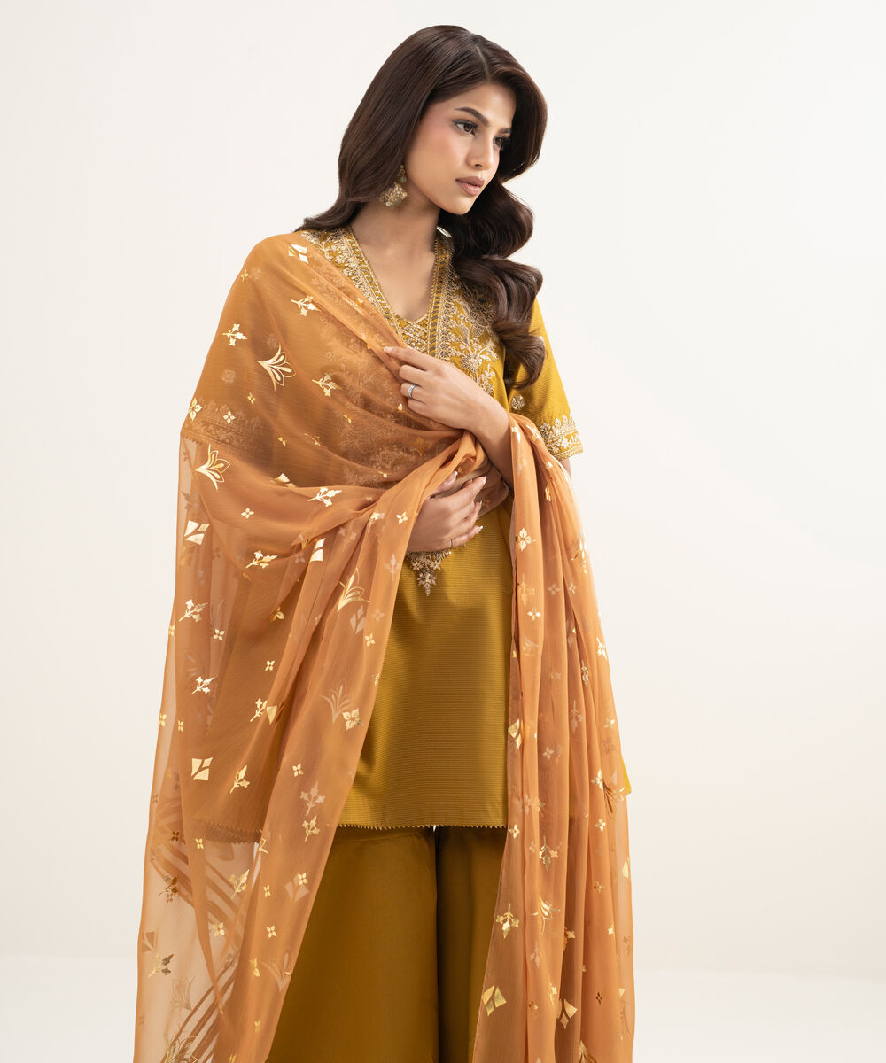 Women's Unstitched Zari Lawn Embroidered Yellow 3 Piece Suit
