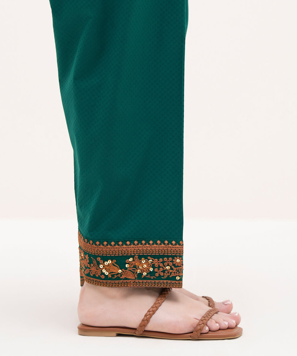 Women's RTW Textured Lawn Green Embroidered Shalwar