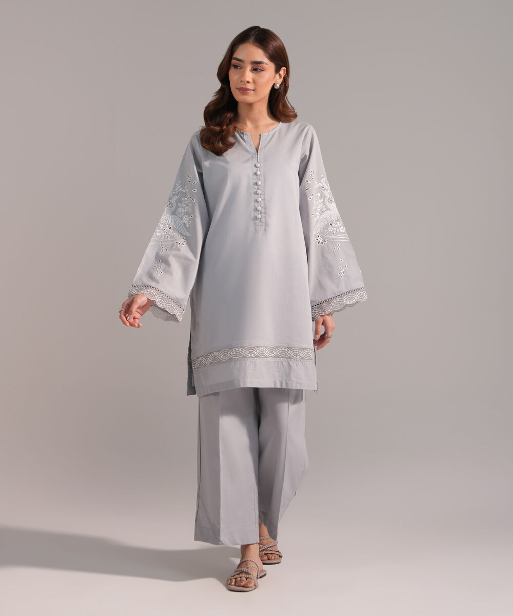Women's RTW Crosshatch Embroidered Grey Straight Shirt