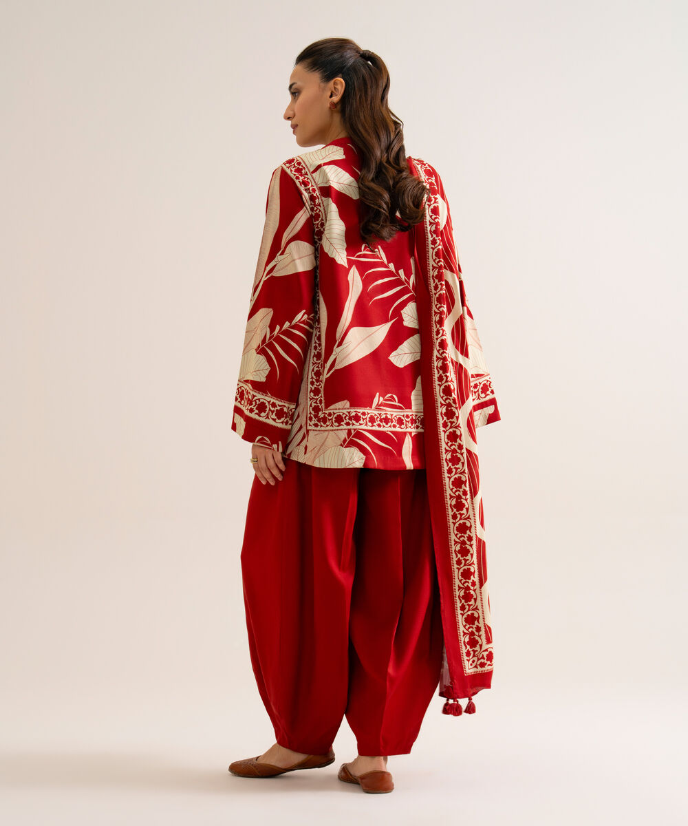 Women's Unstitched Viscose Linen Printed Red 3 Piece Suit
