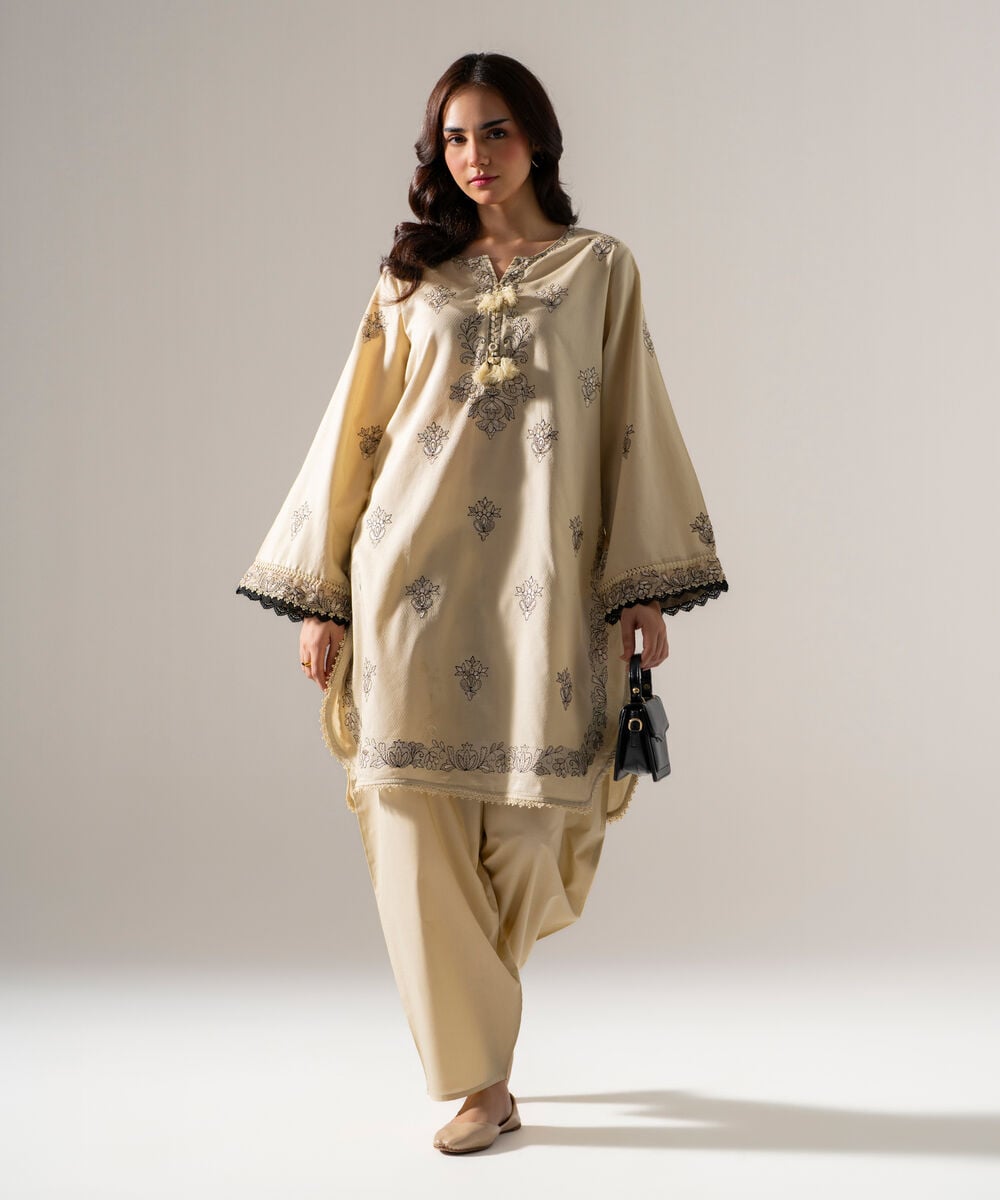 Women's RTW Dobby Solid Embroidered Off White Straight Shirt