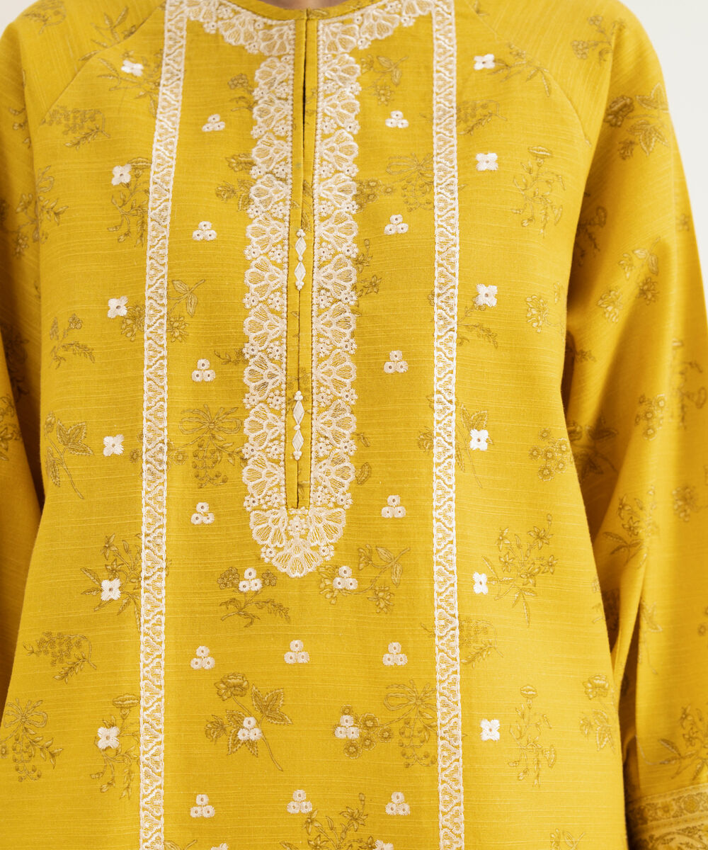 Women's Unstitched Cotton Embroidered Yellow 2 Piece Suit