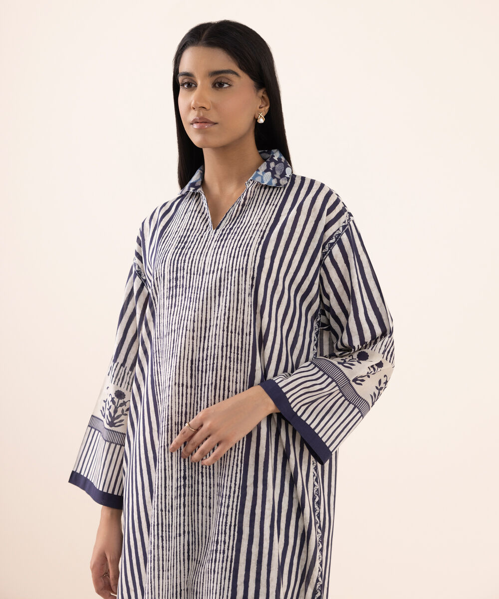Women's RTW Lawn Blue Printed Drop Shoulder Shirt