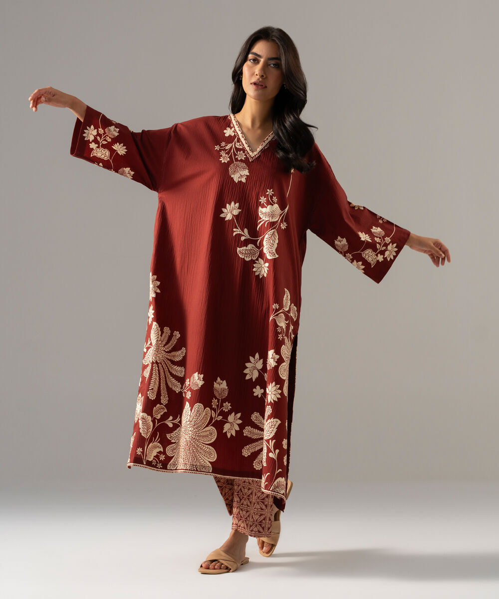 Women's RTW Seersucker Printed Maroon Drop Shoulder Shirt
