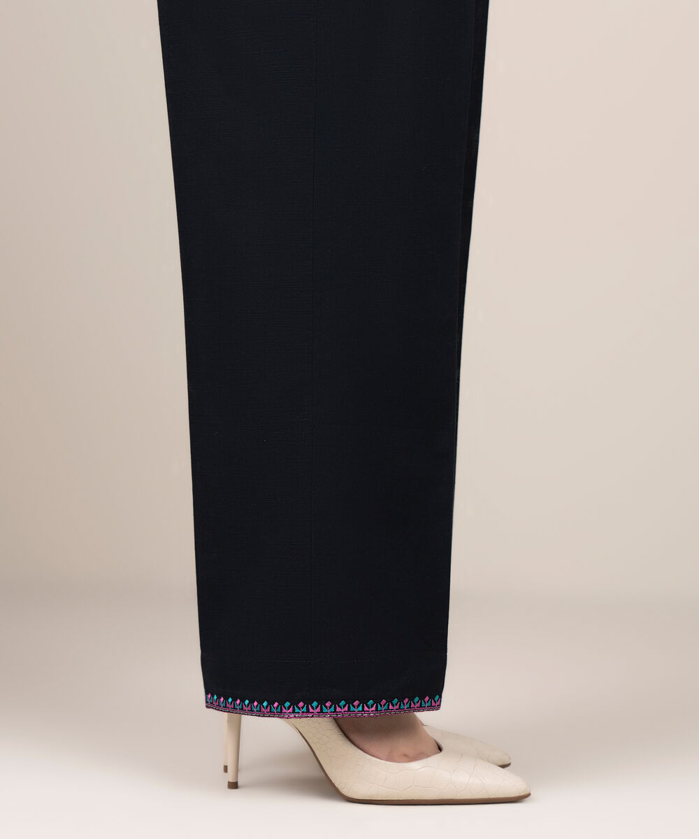 Women's RTW Light Khaddar Embroidered Black Straight Pants