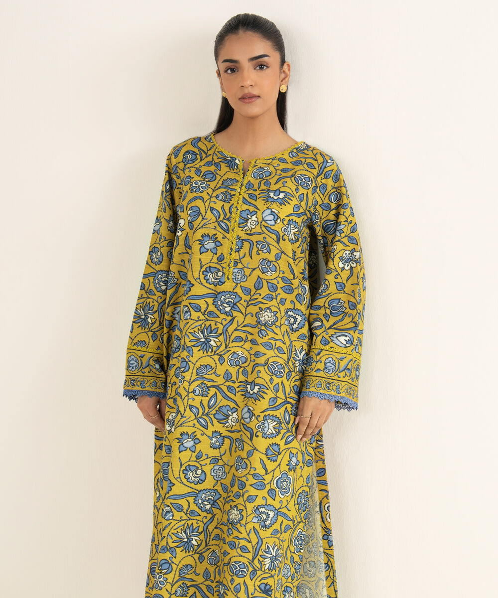 Women's RTW Khaddar Printed Yellow A-Line Shirt