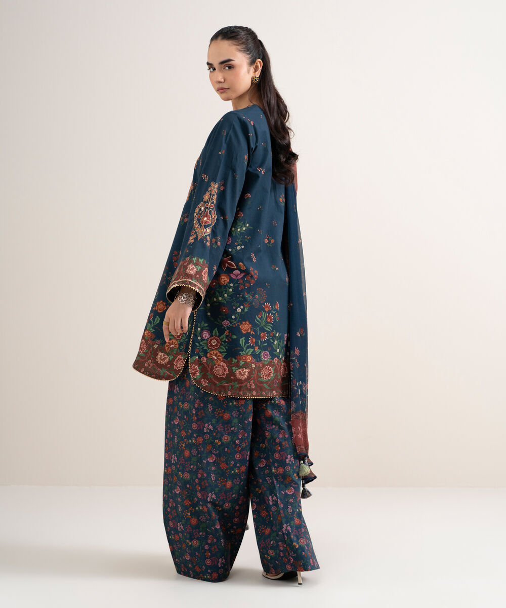 Women's Unstitched Cotton Embroidered Blue