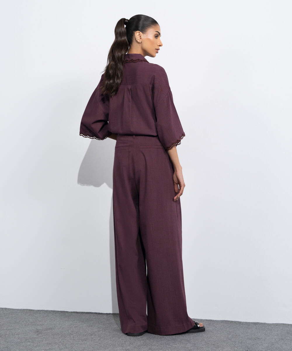 Women's Western Maroon Wide-Leg Pleated Trousers