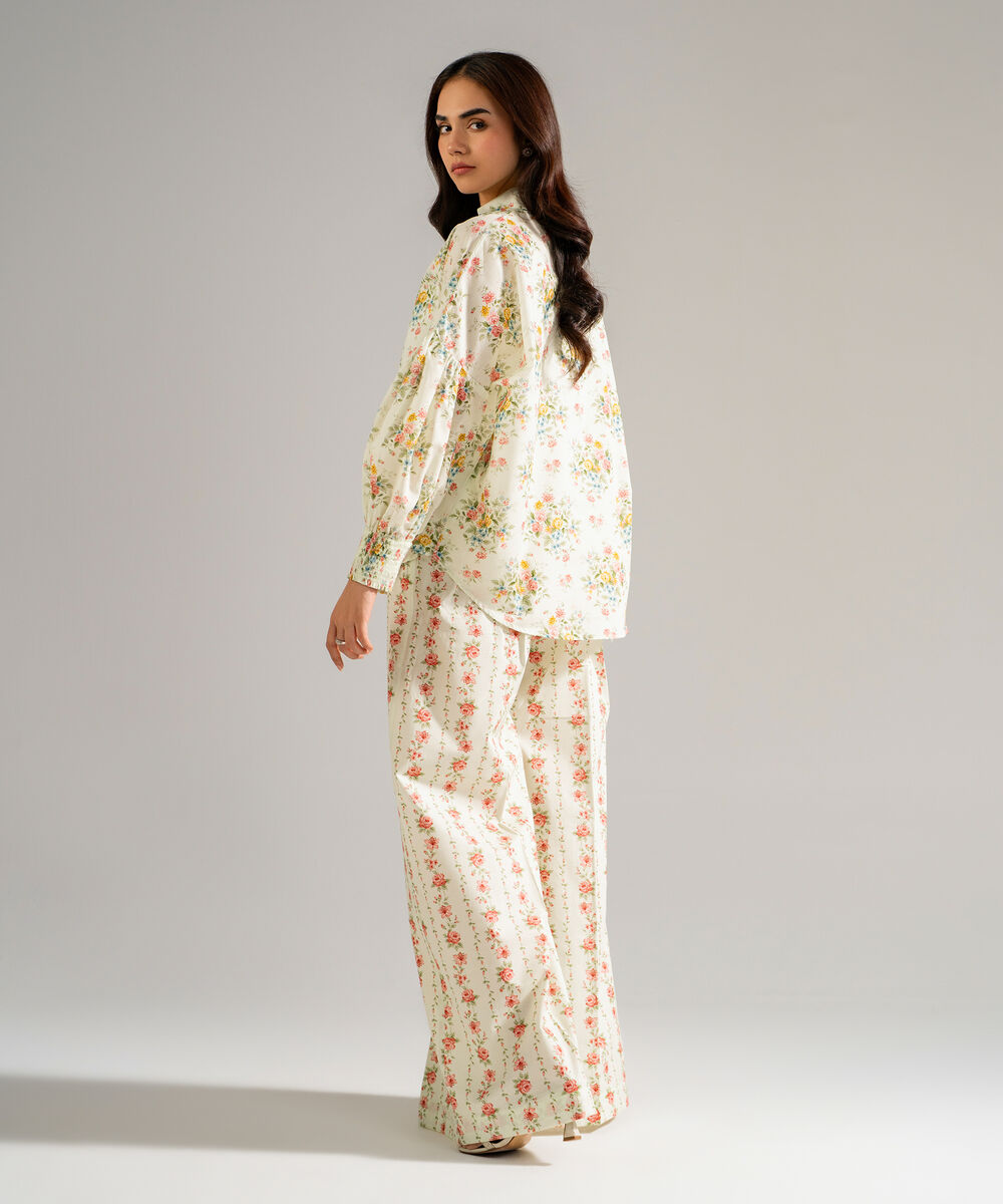 Women's RTW Slub Lawn Printed Mint Green Drop Shoulder Shirt