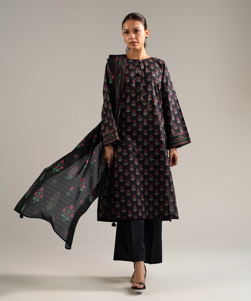 Women's RTW Slub Lawn Printed Black 3 Piece Suit