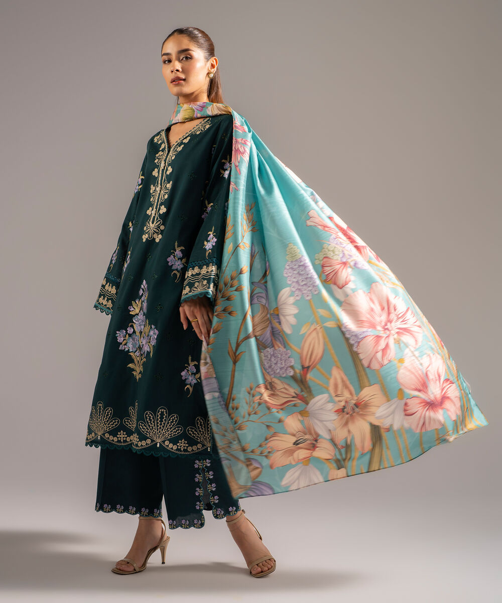 Women's RTW Slub Lawn Embroidered Dark Green 3 Piece Suit