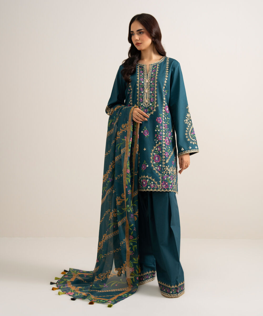 Women's Unstitched Embroidered Cotton Viscose Teal Green 3 Piece Suit