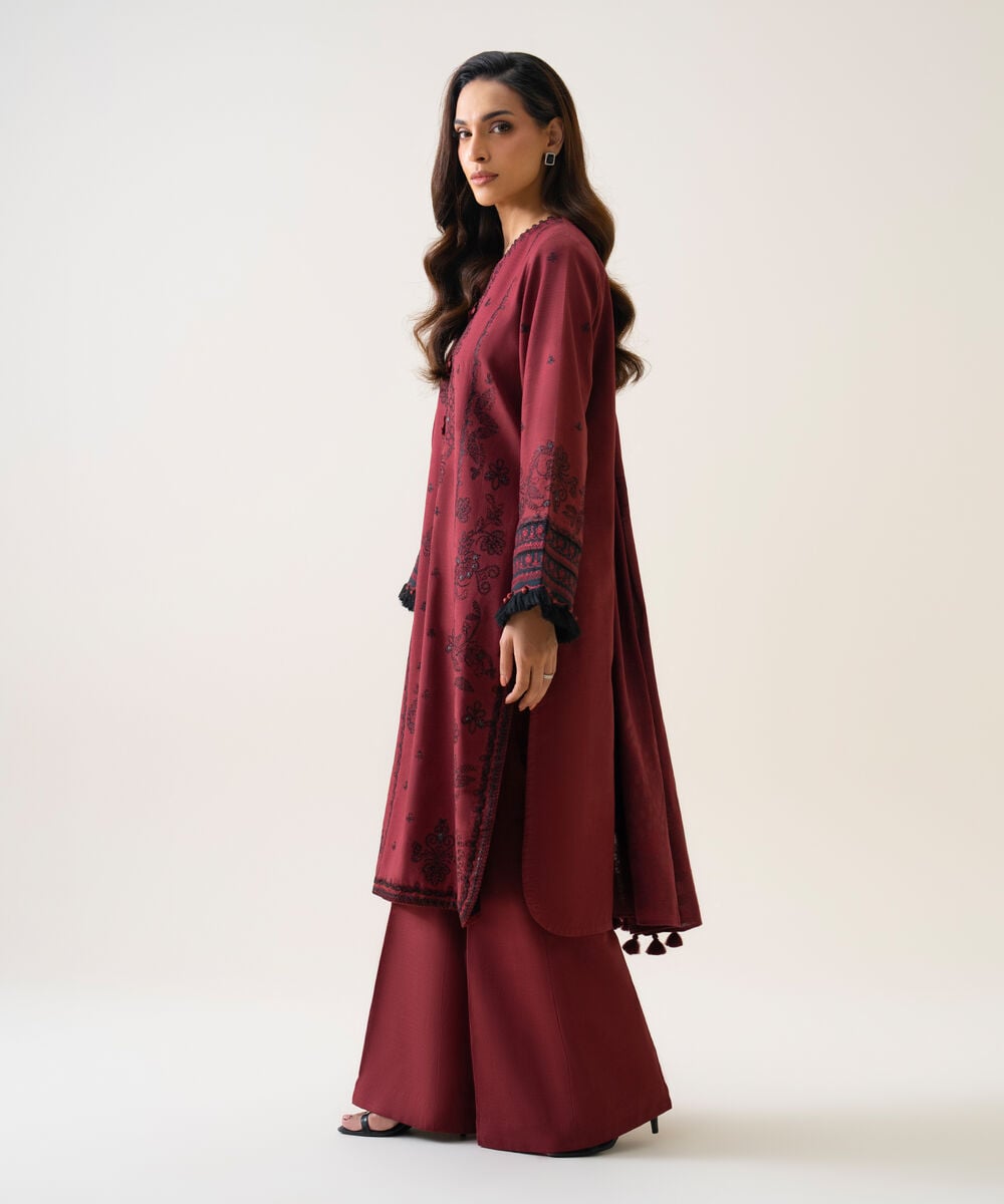 Women's Unstitched Light Khaddar Embroidered Maroon 3 Piece Suit