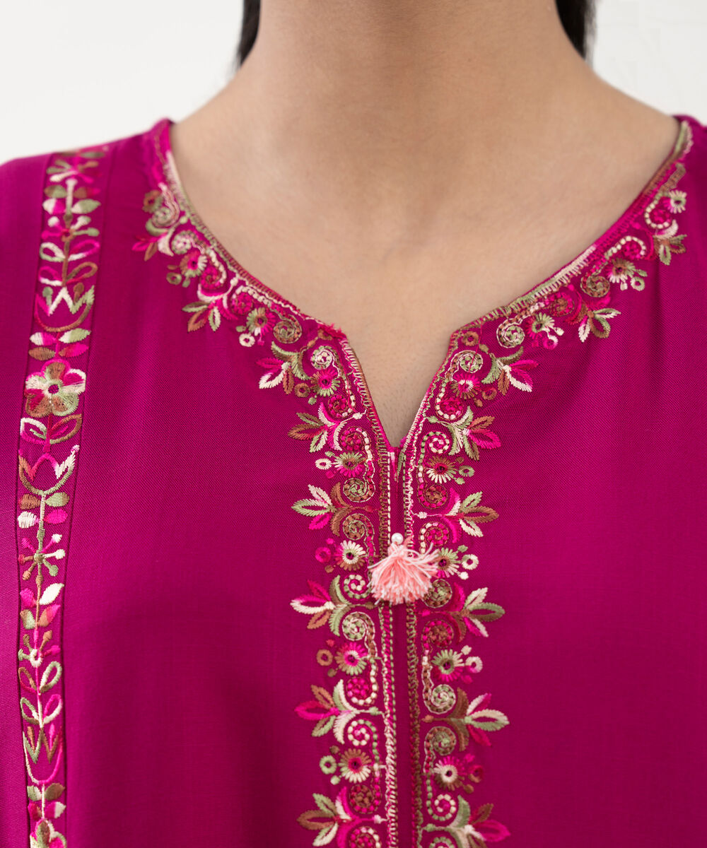 Women's RTW Cotton Viscose Embroidered Pink A-Line Shirt