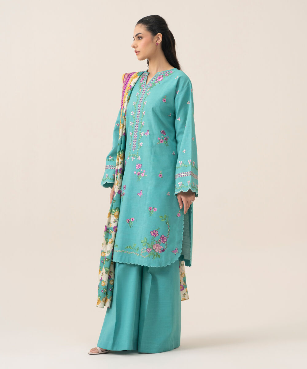 Women's Unstitched Lawn Embroidered Turquoise 3 Piece Suit