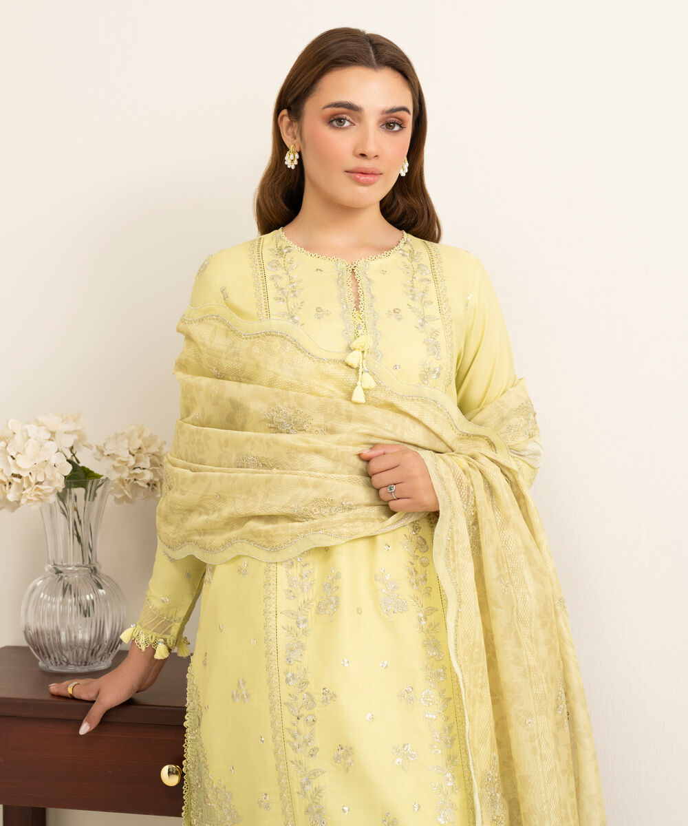 Women's Unstitched Fine Cotton Satin Embroidered Yellow 3 Piece Suit