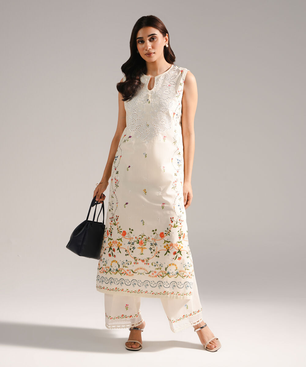 Women's RTW Lawn Embroidered A-Line White Shirt