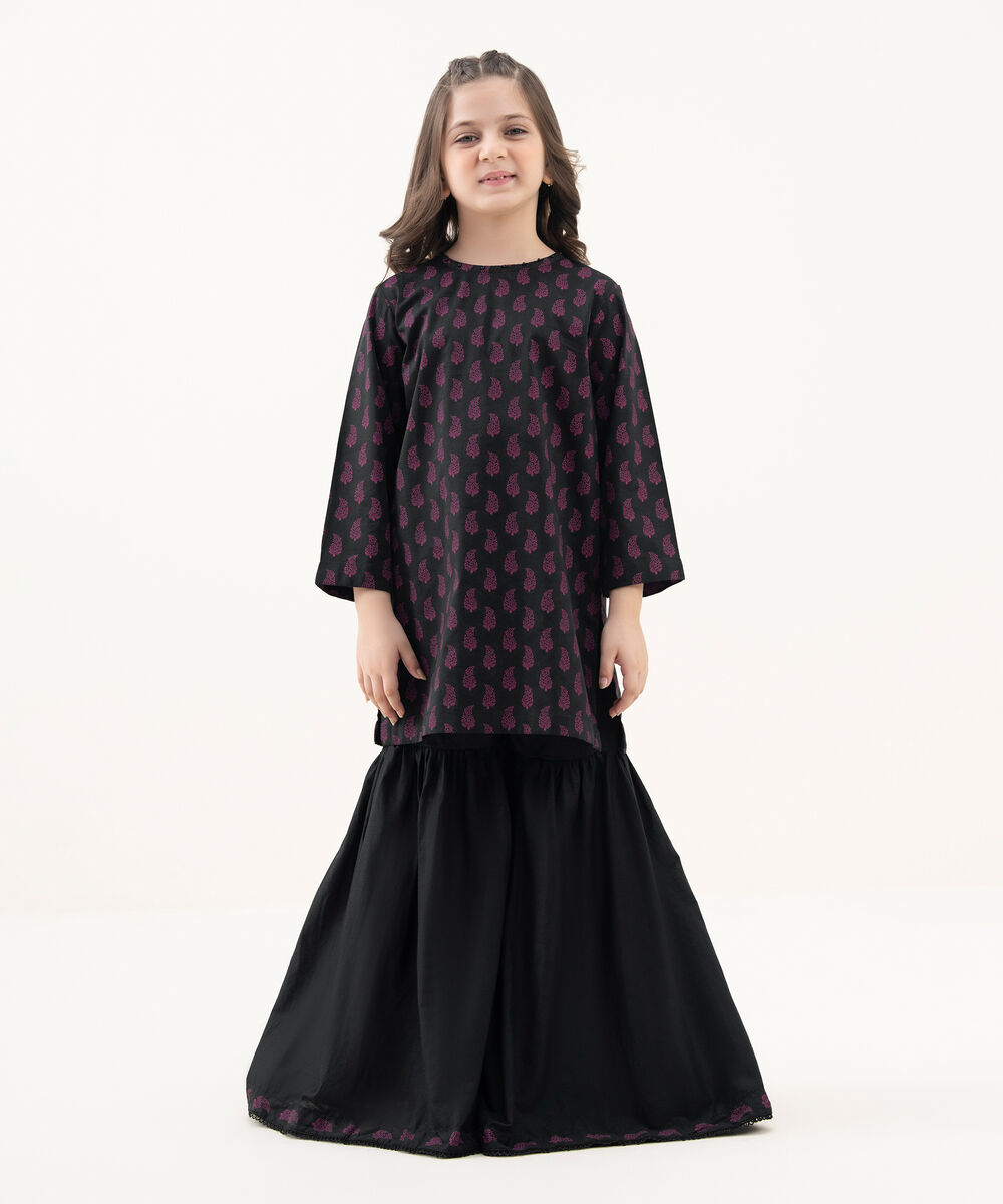 Girl's Cotton Viscose Printed Black 2 Piece Suit