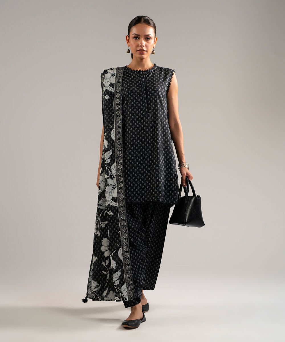 Women's RTW Slub Lawn Printed Black 3 Piece Suit
