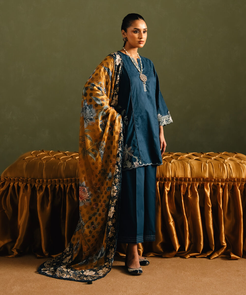 Women's RTW Self Jacquard Embroidered Blue Straight Shirt