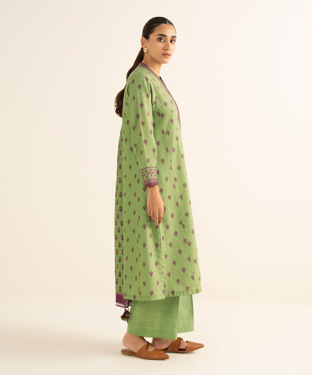 Women's Unstitched Cotton Printed Green 2 Piece Suit