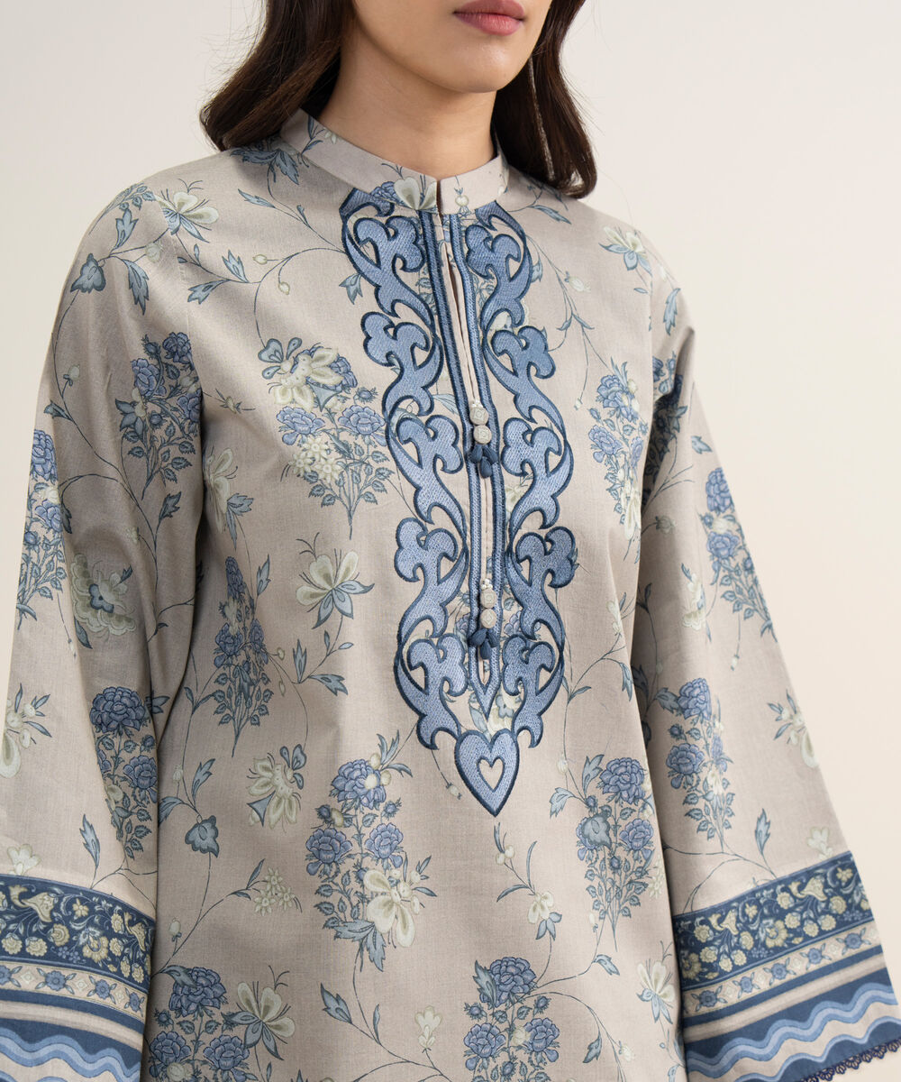 Women's Unstitched Lawn Embroidered Beige 3 Piece Suit