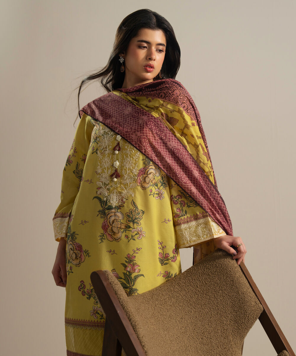 Women's RTW Zari Lawn Embroidered Yellow 3 Piece Suit