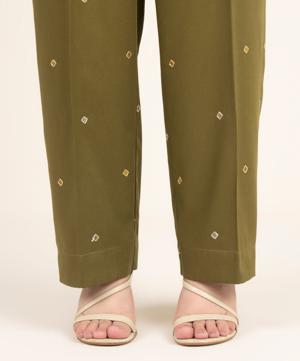 Women's RTW Viscose Marina Embroidered Olive Green Straight Pants