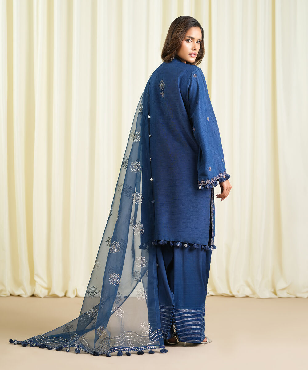 Women's Unstitched Raw Silk Embroidered Blue 3 Piece Suit