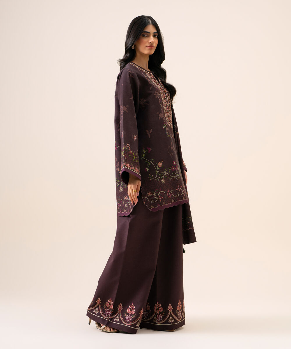 Women's Unstitched Light Khaddar Embroidered Brown 3 Piece Suit