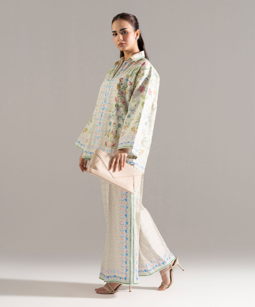 Women's RTW Seersucker Printed Beige Drop Shoulder Shirt