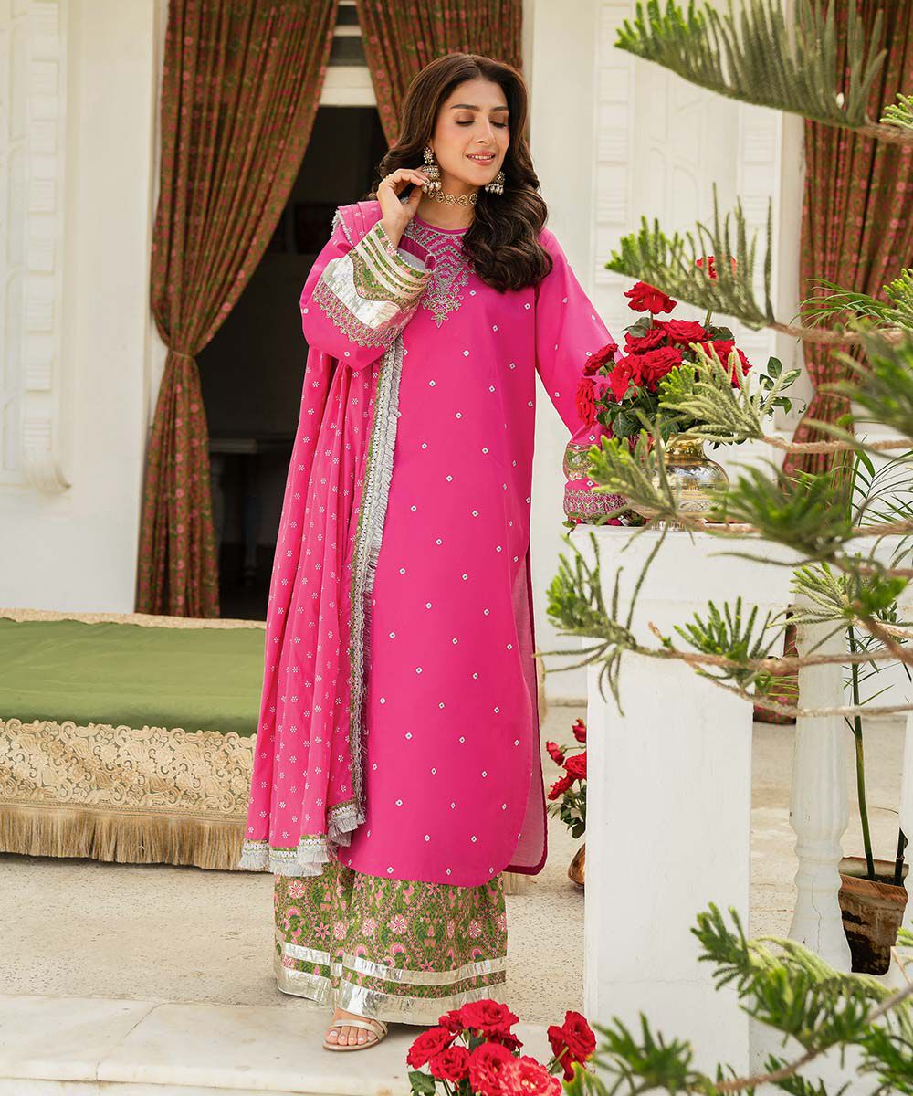 Unstitched Women's Pink Textured Lawn 3 Piece Suit