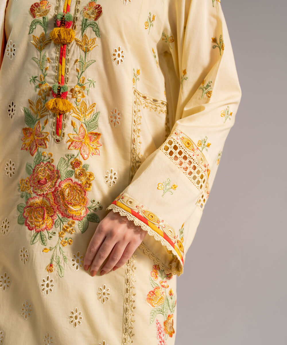 Women's RTW Slub Lawn Embroidered Pale Yellow 3 Piece Suit