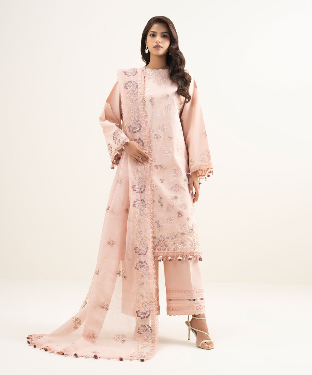 Women's Unstitched Lawn Embroidered Pink 3 Piece Suit