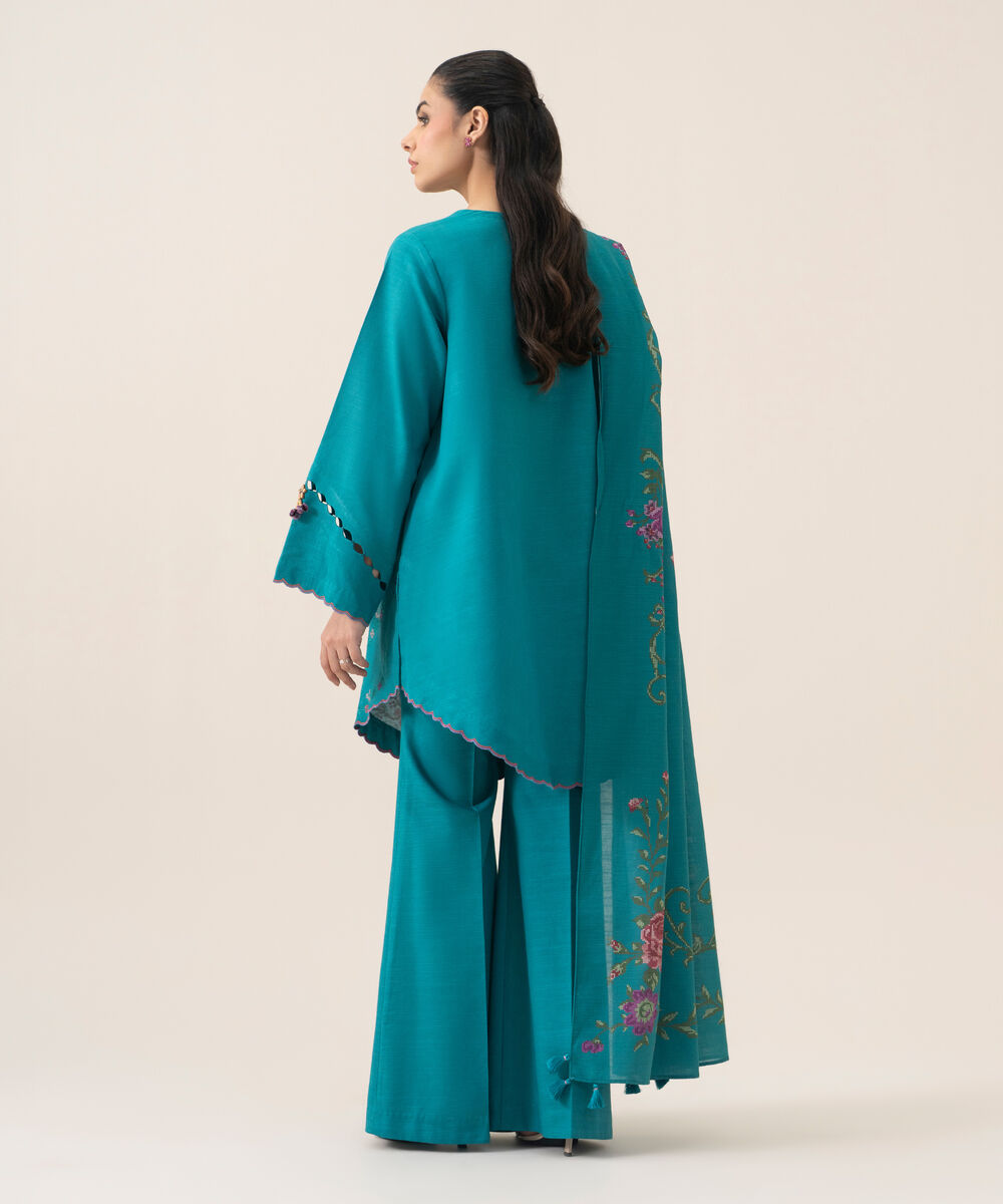 Women's Unstitched Lawn Embroidered Turquoise 3 Piece Suit
