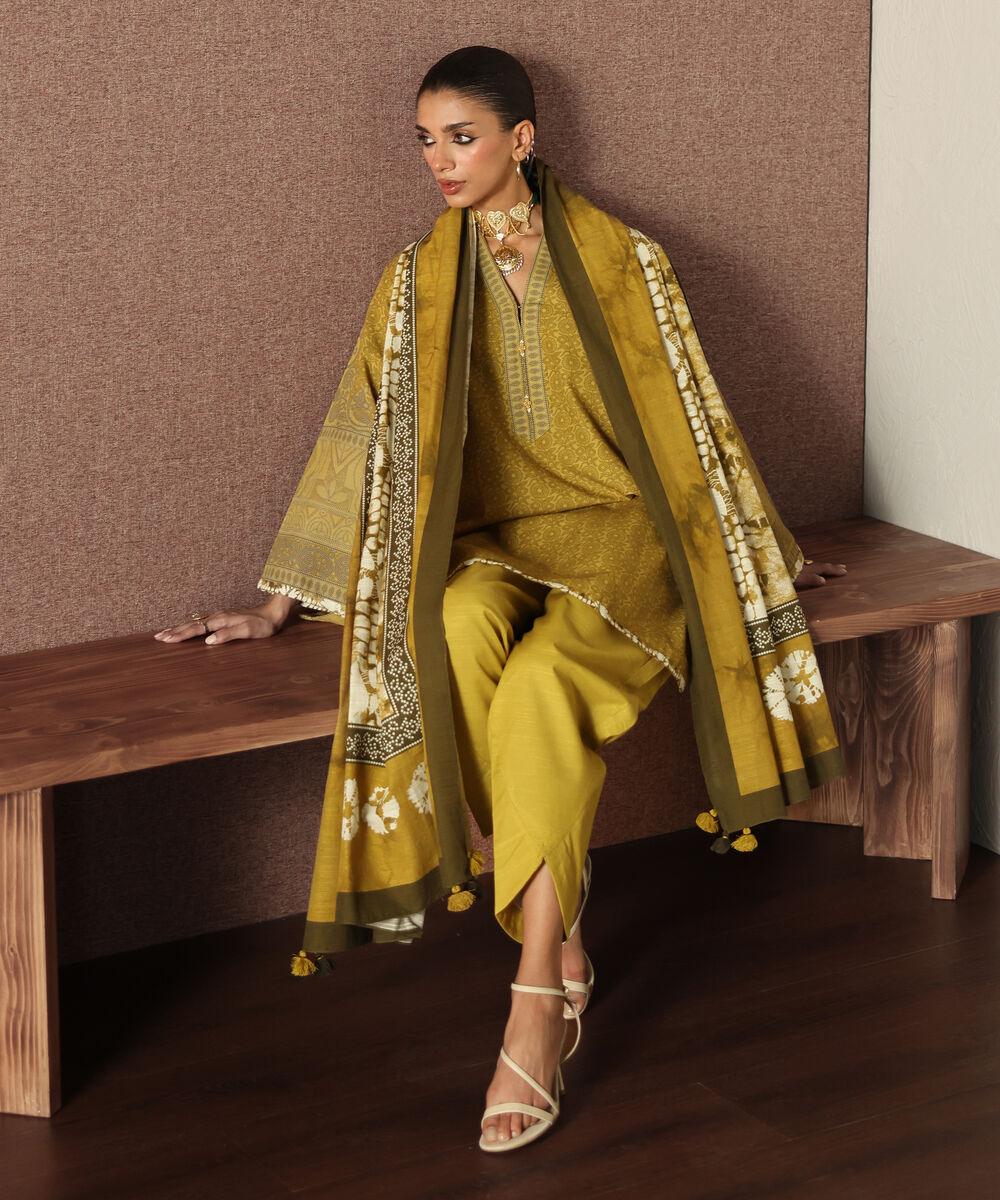Women's Unstitched Light Khaddar Printed Yellow 3 Piece Suit
