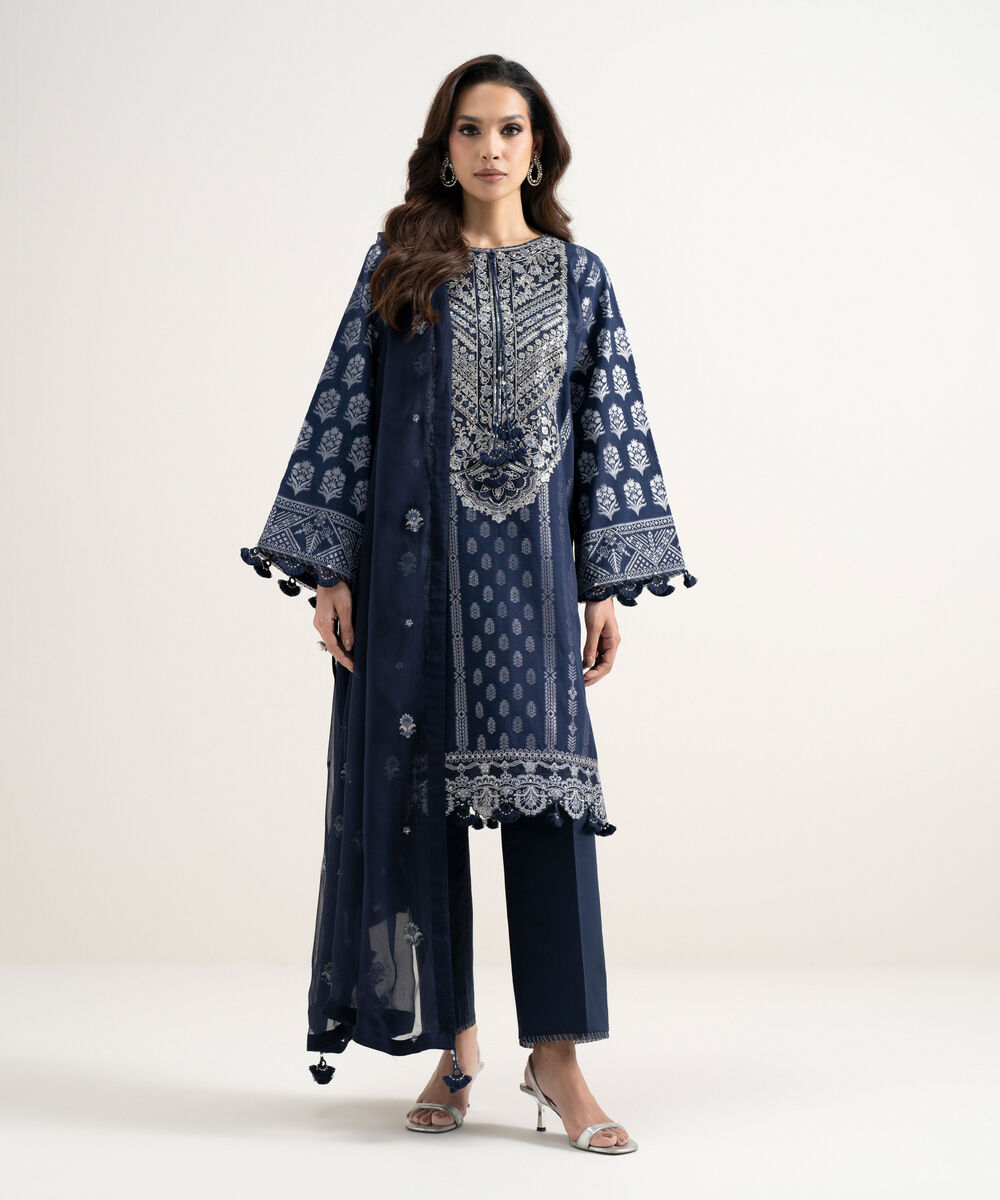 Women's Unstitched Extra Weft Jacquard Embroidered Blue 3 Piece Suit