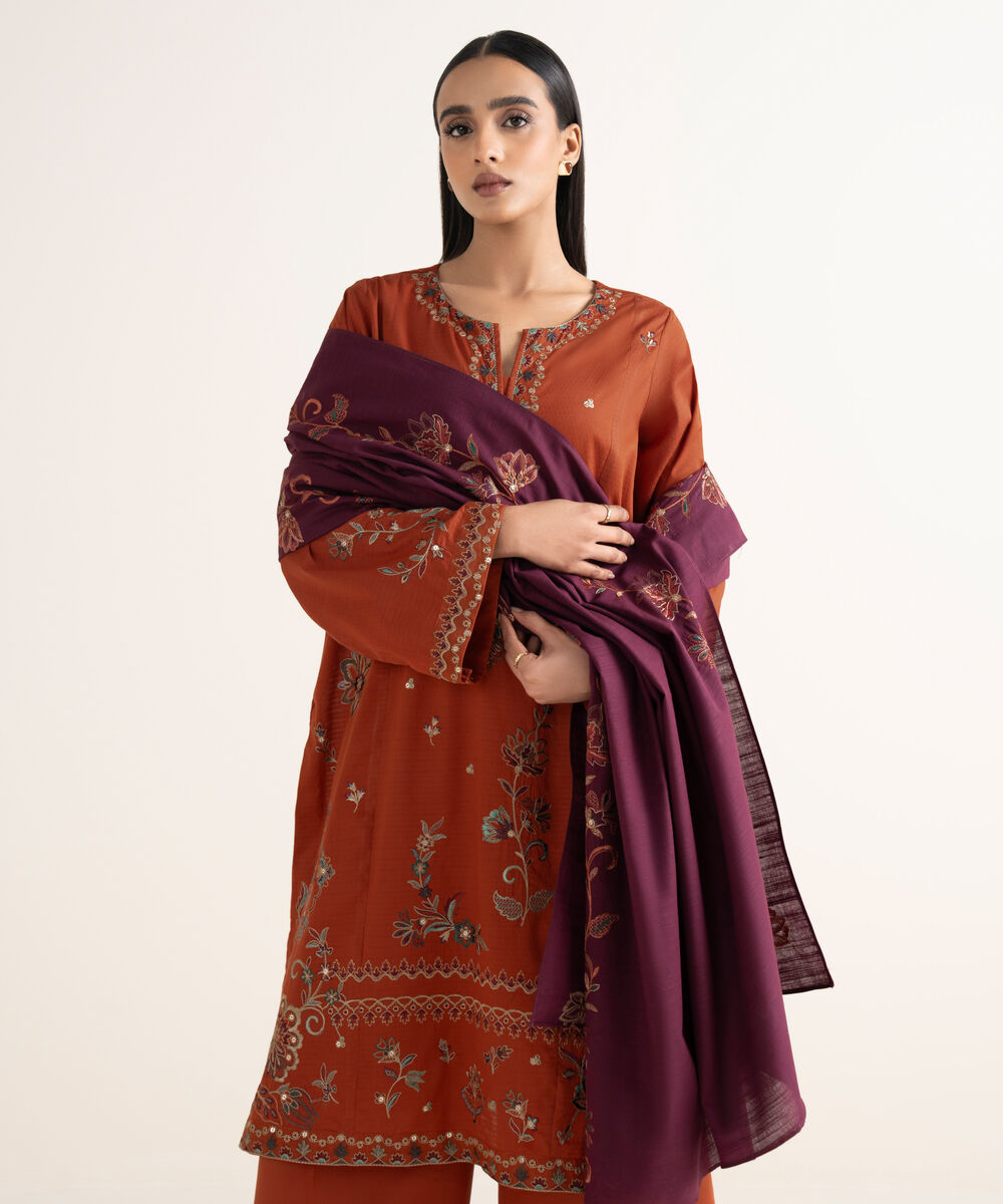 Women's Unstitched Dobby Embroidered Brown 3 Piece Suit