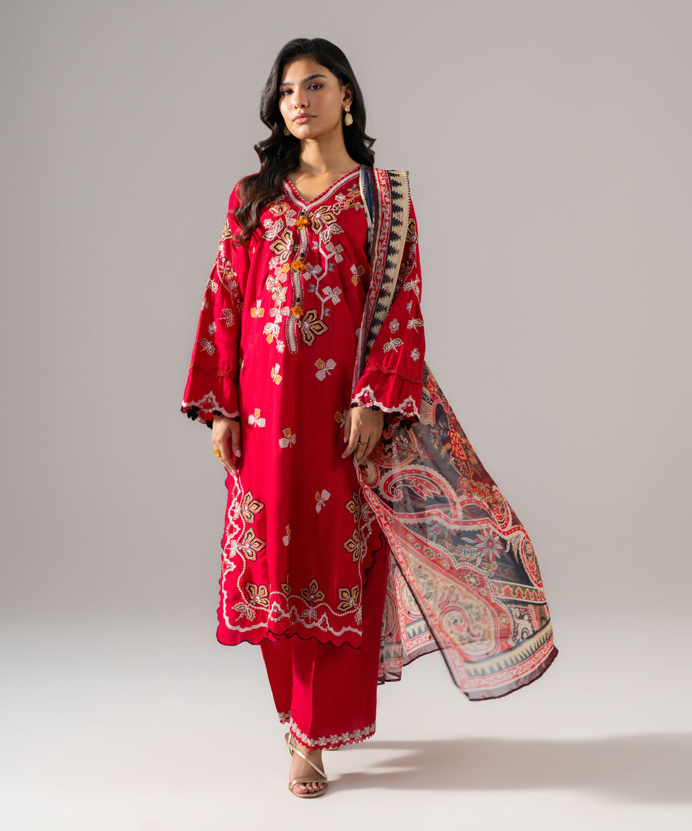 Women's RTW Bright Raw Silk Embroidered Red 3 Piece Suit