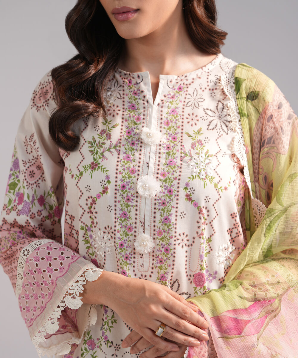 Women's RTW Lawn Embroidered Off White 3 Piece Suit