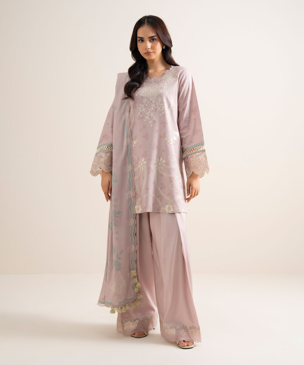 Women's Unstitched Embroidered Linen Light Lilac 3 Piece Suit