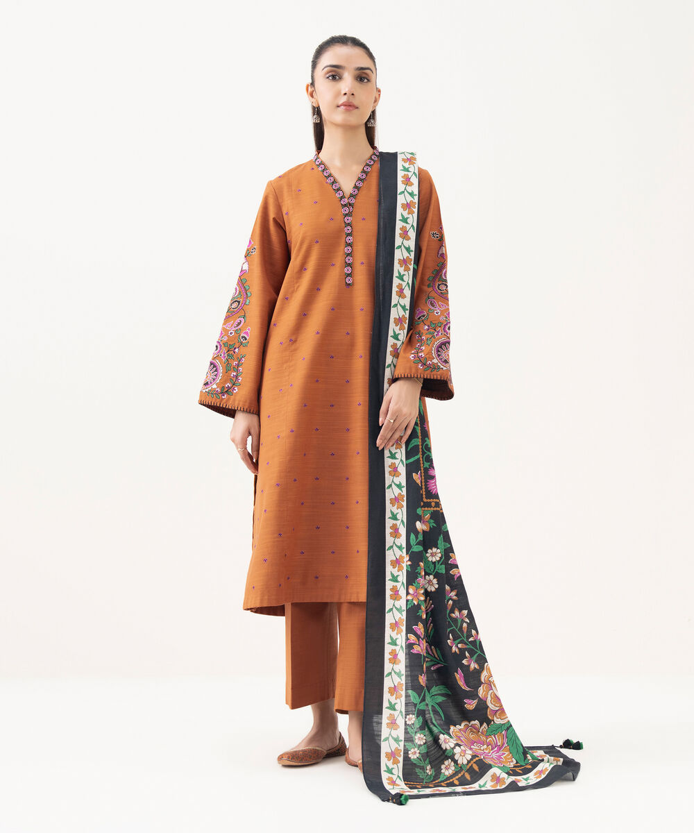 Women's Unstitched Cotton Embroidered Orange 3 Piece Suit