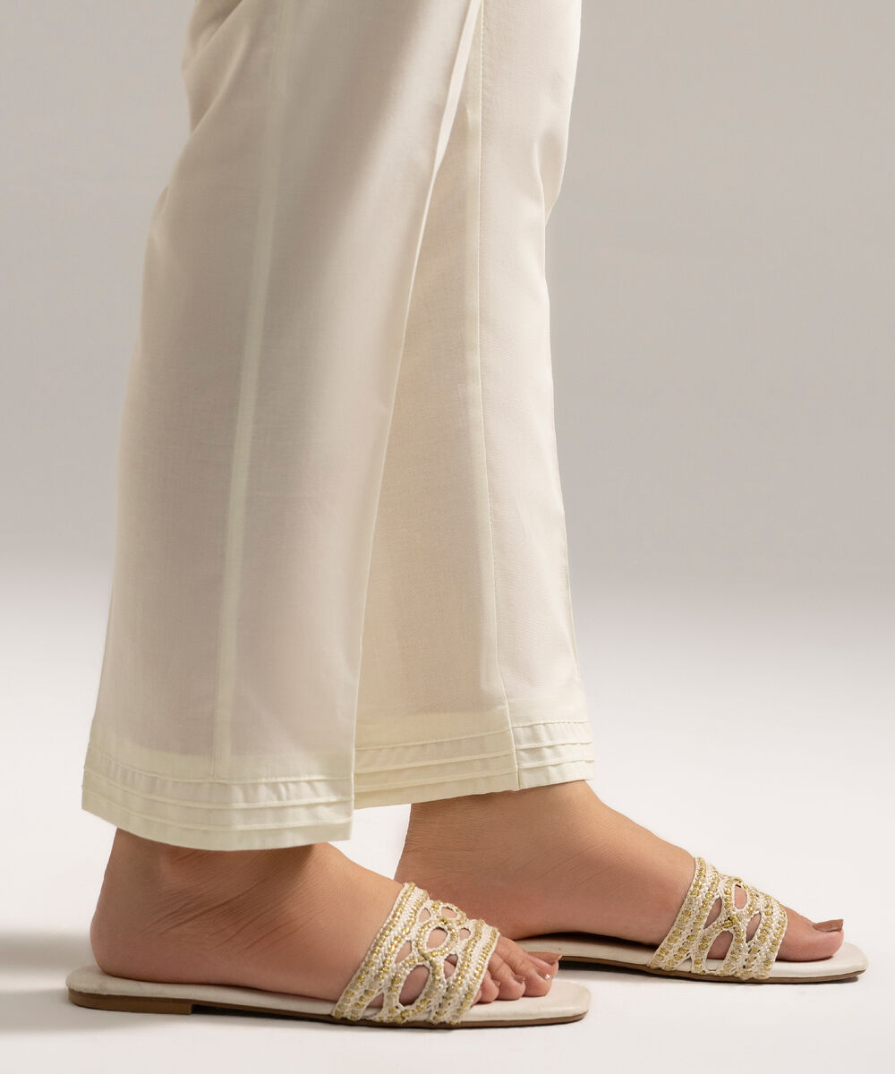 Women's RTW Cambric Solid Off White Straight Pants