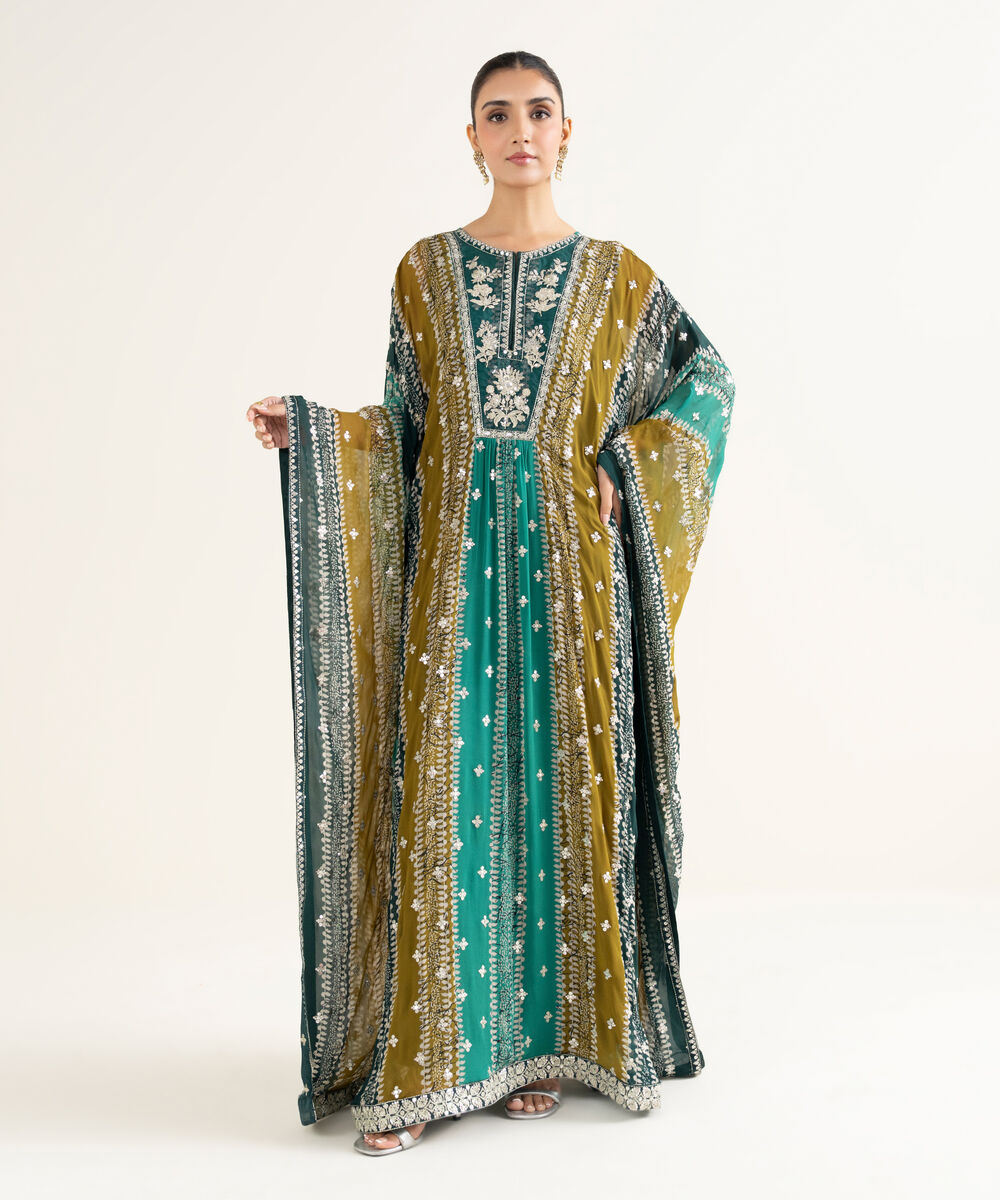 Women's RTW Bemberg Georgette Chiffon Embroidered Green 2 Piece Suit