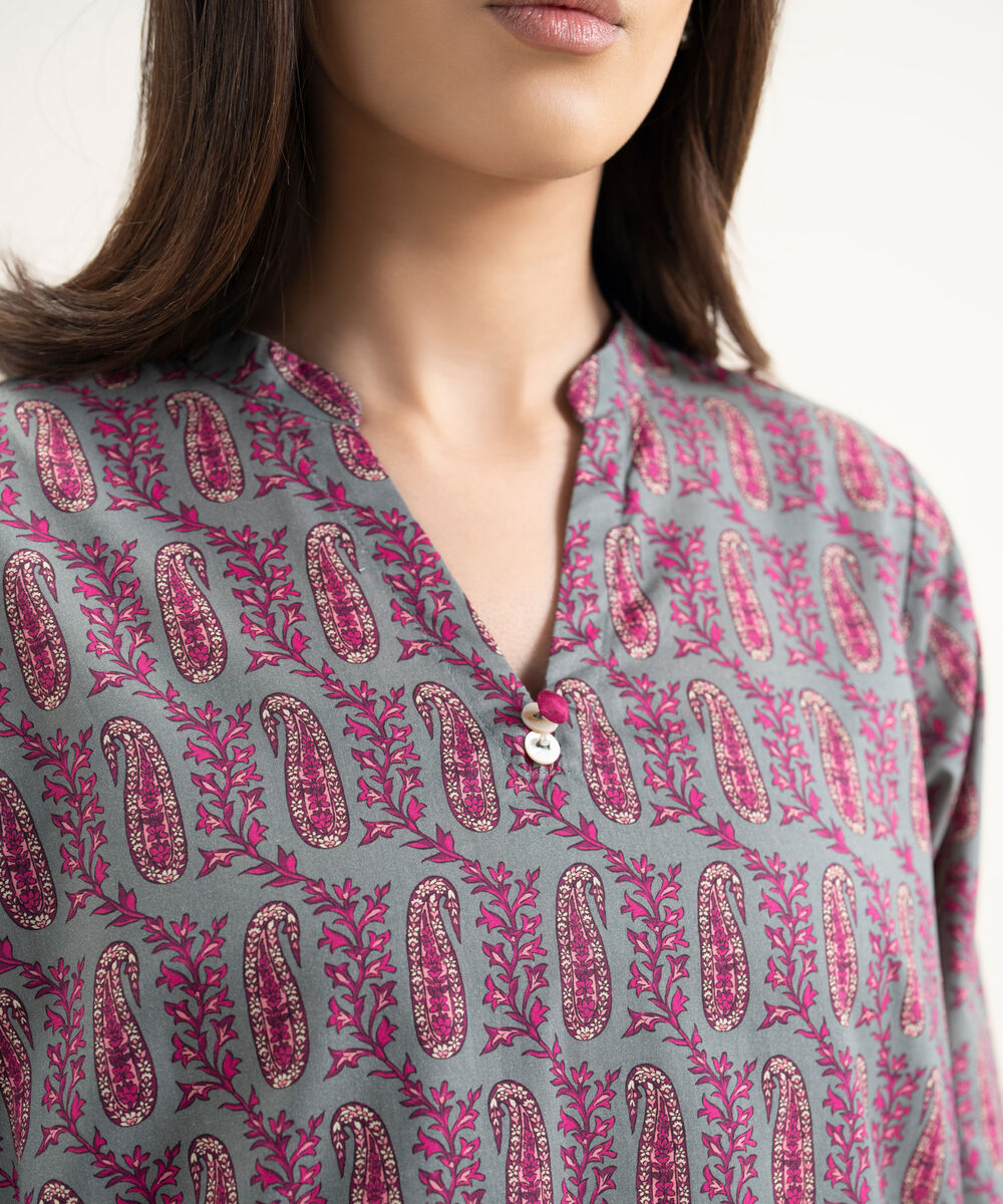 Women's RTW Cambric Printed Grey Straight Shirt